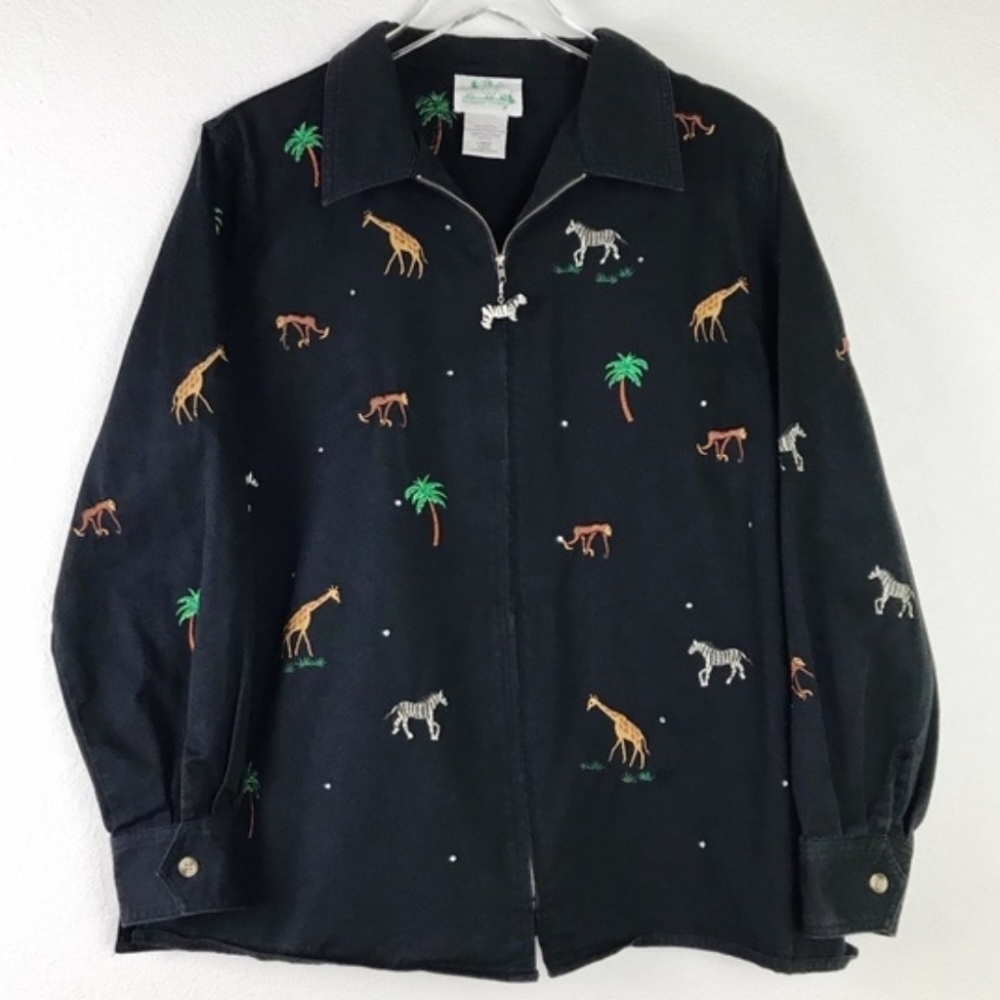 VTG Quaker Factory Black Full Zip Giraffe Zebra Monkey Jacket Women's 1X Plus